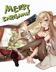 Rule 34 | 1girl, absurdres, black pantyhose, blonde hair, blush, boots, bow, bowtie, breasts, christmas, controller, dress, girls&#039; frontline, green eyes, hair bow, hair ornament, highres, holding, holding controller, long hair, looking at viewer, medium breasts, merry christmas, nintendo switch, official alternate costume, one eye closed, open mouth, pantyhose, priest77, red bow, red bowtie, red dress, red footwear, rfb (girls&#039; frontline), rfb (how rfb stole xmas) (girls&#039; frontline), santa dress, simple background, sitting, solo