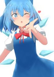 Rule 34 | 1girl, ;o, absurdres, blowing kiss, blue dress, blue eyes, blue hair, blush, bow, cirno, dress, hair bow, heart, highres, ice, ice wings, looking at viewer, mizune (winter), one eye closed, open mouth, puffy short sleeves, puffy sleeves, red ribbon, ribbon, shirt, short hair, short sleeves, solo, touhou, white shirt, wings