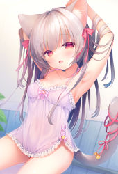 Rule 34 | 1girl, animal ear fluff, animal ears, armpits, arms behind head, arms up, bare arms, bare shoulders, bell, blush, bow, breasts, camisole, cat ears, cat girl, cat tail, cleavage, collarbone, commentary request, frilled camisole, frills, grey hair, hair bow, highres, jingle bell, looking at viewer, open mouth, original, purple camisole, red bow, red eyes, red ribbon, ribbon, small breasts, solo, tail, tail bell, tail ornament, tail ribbon, usashiro mani