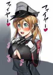 Rule 34 | 10s, 1boy, 1girl, anchor hair ornament, blonde hair, blush, breast suppress, breasts, breasts squeezed together, cross, freckles, gloves, grabbing own breast, green eyes, h kasei, hair ornament, hat, hetero, invisible man, iron cross, kantai collection, large breasts, long hair, long sleeves, military, military uniform, open mouth, paizuri, paizuri under clothes, peaked cap, penis, perpendicular paizuri, prinz eugen (kancolle), smile, solo focus, twintails, uniform, white gloves