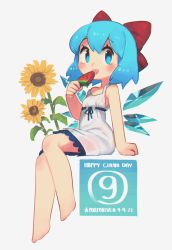 Rule 34 | 1girl, absurdres, alternate costume, alternate headwear, artist name, bare arms, bare legs, bare shoulders, barefoot, blue eyes, blue hair, bow, circled 9, cirno, cirno day, commentary, crossed legs, dated, dress, english commentary, flower, food, full body, hair bow, highres, ice, ice wings, licking, looking at viewer, popsicle, porforever, red bow, short hair, simple background, sitting, sleeveless, sleeveless dress, solo, strap slip, sundress, sunflower, tongue, tongue out, touhou, watermelon bar, white background, white dress, wings