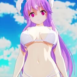 Rule 34 | 1girl, 3d, animated, bikini, bouncing breasts, breasts, cleavage, cloud, downblouse, hanging breasts, jiggle, large breasts, leaning forward, long hair, looking at viewer, medium breasts, mofumoko5, navel, outdoors, pink eyes, purple hair, rabbit ears, reisen udongein inaba, sky, smile, solo, standing, swimsuit, tagme, touhou, video, white bikini