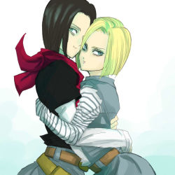 Rule 34 | 1boy, 1girl, android 17, android 18, black hair, blonde hair, blue eyes, dragon ball, dragonball z, gradient background, short hair, standing, white background