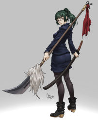 Rule 34 | 1girl, ankle boots, ass, black jacket, black pantyhose, black skirt, blunt bangs, boots, breasts, brown eyes, closed mouth, from behind, full body, glasses, green hair, guan dao, high heel boots, high heels, holding, holding polearm, holding sword, holding weapon, jacket, jujutsu kaisen, jujutsu tech uniform, katana, long hair, looking at viewer, looking back, naginata, ozkh, pantyhose, polearm, ponytail, sheath, sheathed, sidelocks, skirt, solo, sword, weapon, zenin maki
