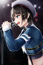 Rule 34 | 1girl, absurdres, alternate costume, beret, black hair, blouse, blue eyes, blue jacket, braid, commentary request, grey shirt, hat, highres, holding, holding microphone, hololive, jacket, long sleeves, microphone, midriff, music, oozora subaru, oozora subaru (work), open mouth, shirt, short hair, singing, smile, solo, striped clothes, striped shirt, suspenders, vertical-striped clothes, vertical-striped shirt, virtual youtuber, yumemo