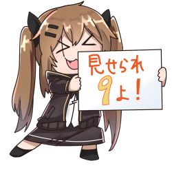 Rule 34 | !, &gt; &lt;, :3, bad id, bad pixiv id, black footwear, black jacket, black ribbon, black skirt, brown hair, can&#039;t show this (meme), chibi, closed eyes, commentary, commentary request, english commentary, exren, fang, girls&#039; frontline, hair ornament, hair ribbon, hairclip, highres, holding, holding sign, hood, hood down, hooded jacket, jacket, long hair, open mouth, partial commentary, ribbon, scar, scar across eye, scar on face, shirt, shoes, sign, skirt, solo, translated, transparent background, twintails, ump9 (girls&#039; frontline), white shirt