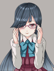 Rule 34 | aqua bow, aqua bowtie, bespectacled, black hair, bow, bowtie, collared shirt, commentary request, dress, dress shirt, glasses, grey background, hair over one eye, halter dress, halterneck, hayashimo (kancolle), highres, hime cut, kantai collection, karuna (madlax), long hair, pink-framed eyewear, purple dress, school uniform, shirt, simple background, very long hair, white shirt