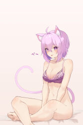 Rule 34 | 1girl, absurdres, ahoge, animal ear fluff, animal ears, barefoot, blush, bottomless, bra, breasts, cat ears, cat girl, cat tail, cleavage, commentary, english commentary, highres, hololive, isolatediev, lace, lace bra, lingerie, looking at viewer, medium breasts, navel, nekomata okayu, purple bra, purple eyes, purple hair, short hair, simple background, sitting, solo, tail, tongue, tongue out, underwear, underwear only, virtual youtuber, white background
