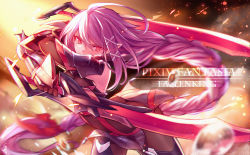 Rule 34 | 1girl, copyright name, dual wielding, hair ornament, holding, holding sword, holding weapon, long hair, looking at viewer, pen (steelleets), pixiv fantasia, pixiv fantasia fallen kings, pointy ears, purple hair, red eyes, solo, sword, weapon