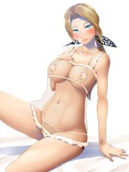 Rule 34 | 1girl, areola slip, blue eyes, blush, boris (noborhys), breasts, brown hair, cleavage, collarbone, commentary request, dead or alive, dead or alive xtreme, fishnet fabric, forehead, hair intakes, hair ribbon, helena douglas, highres, large breasts, lingerie, lips, long hair, looking at viewer, navel, panties, ribbon, sitting, solo, spider web print, underwear