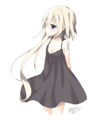 Rule 34 | 1girl, arms behind back, bare shoulders, black dress, blonde hair, blue eyes, blush, breasts, closed mouth, collarbone, cowboy shot, dress, hair between eyes, long hair, looking away, original, signature, simple background, small breasts, solo, standing, tia-chan, uchuuneko, very long hair, white background