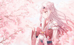 Rule 34 | 1girl, absurdres, blush, cherry blossoms, gradient hair, hair rings, highres, hololive, horns, japanese clothes, kimono, long hair, miko, multicolored hair, nakiri ayame, nakiri ayame (shrine maiden), off shoulder, petals, red eyes, red hair, rieatco, sad, skin-covered horns, solo, streaked hair, virtual youtuber, white hair, white kimono, wide sleeves