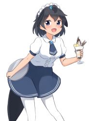 Rule 34 | 1girl, :d, absurdres, alternate costume, black eyes, black hair, black necktie, blue skirt, breasts, brooch, center frills, commentary, food, frills, head wings, highres, holding, holding tray, jewelry, kemono friends, looking at viewer, maid headdress, medium breasts, necktie, open mouth, pantyhose, parfait, puffy short sleeves, puffy sleeves, shiraha maru, shirt, short hair, short necktie, short sleeves, simple background, skirt, smile, solo, superb bird-of-paradise (kemono friends), tail, tray, white background, white pantyhose, white shirt, wings