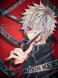 Rule 34 | 1boy, bad id, bad pixiv id, blood, blood on face, blood on hands, caution tape, closed mouth, combat knife, crack, ear piercing, earrings, english text, eyelashes, eyepatch, fingernails, grey hair, hair between eyes, highres, holding, holding knife, holding weapon, jewelry, knife, male focus, original, piercing, purple eyes, sign, sleeves past wrists, smile, solo, warning sign, weapon, yokaze (xxxdisxxx), zipper pull tab