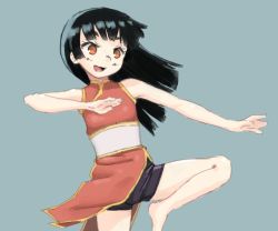 Rule 34 | 1girl, bike shorts, black hair, blue background, brown eyes, chinese clothes, female focus, kung fu, long hair, midriff, open mouth, original, shorts, shorts under skirt, simple background, solo, standing, standing on one leg, suzukacircuit