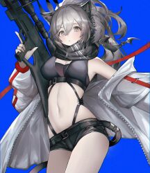 Rule 34 | 1girl, absurdres, arknights, blue background, bow (weapon), closed mouth, crossbow, grey eyes, grey hair, hair between eyes, highres, holding, holding weapon, jacket, long hair, long sleeves, looking at viewer, navel, off shoulder, open clothes, open jacket, panther ears, panther girl, panther tail, roupo99, schwarz (arknights), shorts, simple background, solo, standing, weapon