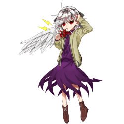 Rule 34 | 1girl, ahoge, bird wings, boots, bow, bowtie, brown footwear, collared shirt, commentary request, cross-laced footwear, feathered wings, grey hair, hand in own hair, harukawa moe (style), highres, keiki8296, kishin sagume, light brown jacket, long sleeves, open mouth, purple shirt, purple skirt, red bow, red bowtie, red eyes, shirt, short hair, simple background, single wing, skirt, solo, touhou, white background, wings