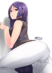 Rule 34 | 1girl, artist name, ass, bad id, bad twitter id, bare shoulders, black shirt, breasts, casual, denim, fate/grand order, fate (series), hair between eyes, half-closed eyes, hand up, huge ass, jeans, jjune, large breasts, long hair, looking at viewer, minamoto no raikou (fate), pants, parted lips, pocket, purple eyes, purple hair, shirt, simple background, sleeveless, sleeveless turtleneck, solo, thick thighs, thighs, turtleneck, very long hair, white background, white pants
