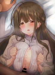 Rule 34 | 1boy, 1girl, :o, ahoge, bar censor, bed sheet, beige jacket, blush, braid, breasts, breasts squeezed together, brown eyes, brown hair, censored, cleavage, clenched hands, collared shirt, commentary request, cum, cum on body, cum on breasts, cum on upper body, earrings, frilled shirt collar, frills, from above, hair between eyes, hands up, heavy breathing, hetero, highres, idolmaster, idolmaster shiny colors, jacket, jewelry, kuwayama chiyuki, large breasts, long hair, long sleeves, looking at viewer, lying, male pubic hair, on back, open clothes, open jacket, paizuri, paizuri under clothes, parted lips, partially unbuttoned, penis, pov, pubic hair, raised eyebrows, shionootsu, shirt, sidelocks, solo focus, straddling, straddling paizuri, striped clothes, striped shirt, sweat, upper body, vertical-striped clothes, vertical-striped shirt, white shirt