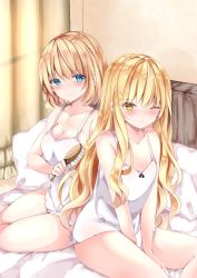 Rule 34 | 2girls, alice margatroid, bad id, bad pixiv id, bare arms, bare shoulders, between legs, blue eyes, blush, breasts, brushing hair, camisole, cleavage, closed mouth, curtains, hair between eyes, hair brush, hand between legs, highres, holding, holding brush, indoors, kirisame marisa, medium breasts, multiple girls, nanase nao, no hairband, no headwear, on bed, one eye closed, pillow, sitting, smile, touhou, white camisole, window, yellow eyes