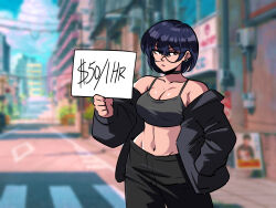 Rule 34 | 1girl, bare shoulders, black choker, black hair, black jacket, black pants, blurry, blurry background, breasts, choker, cleavage, closed mouth, collarbone, expressionless, glasses, highres, holding, holding paper, jacket, large breasts, medium breasts, midriff, navel, original, pants, paper, prostitution, short hair, solo, tank top, tina fate