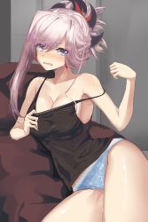 Rule 34 | 1girl, asymmetrical bangs, bare shoulders, black camisole, blue eyes, blue panties, blush, breasts, camisole, cleavage, clothes pull, collarbone, earrings, fate/grand order, fate (series), hair ornament, highres, hip focus, jewelry, kesoshirou, large breasts, long hair, looking at viewer, miyamoto musashi (fate), open mouth, panties, pink hair, ponytail, shirt pull, solo, swept bangs, thighs, underwear