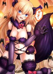 Rule 34 | 1girl, animal ears, bare shoulders, blonde hair, blue eyes, blush, bow, breasts, cleavage, cosplay, elbow gloves, fate/apocrypha, fate/grand order, fate (series), fur-trimmed gloves, fur-trimmed legwear, fur collar, fur trim, gloves, highres, ilsa34660285, jeanne d&#039;arc (fate), jeanne d&#039;arc (ruler) (fate), kneeling, lace, lace-trimmed legwear, lace trim, large breasts, long hair, looking at viewer, mash kyrielight, mash kyrielight (dangerous beast), mash kyrielight (dangerous beast) (cosplay), navel, o-ring, open mouth, pink bow, purple gloves, purple thighhighs, revealing clothes, smile, solo, tail, thighhighs, very long hair, wolf ears, wolf tail
