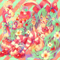 Rule 34 | 1girl, animal ears, aqua eyes, blush, bow, eisuu, flower, food, fruit, garter straps, green hair, hair bow, hatsune miku, heart, heart-shaped pupils, licking, long hair, open mouth, rabbit, rabbit ears, sitting, solo, strawberry, strawberry blossoms, striped background, striped clothes, striped thighhighs, sweets, symbol-shaped pupils, thighhighs, tongue, twintails, very long hair, vocaloid