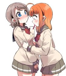 Rule 34 | 2girls, ahoge, bad id, bad pixiv id, blue eyes, blush, bow, bowtie, breasts, brown hair, bubble tea, bubble tea challenge, drinking, drinking straw, drinking straw in mouth, grey skirt, long sleeves, looking at another, love live!, love live! sunshine!!, multiple girls, orange hair, pleated skirt, red eyes, red neckwear, school uniform, short hair, simple background, skirt, takami chika, totoki86, watanabe you, white background, yuri