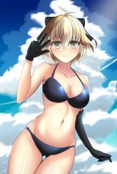 Rule 34 | 1girl, absurdres, ahoge, akira takizawa, asymmetrical gloves, bad id, bad pixiv id, bare shoulders, bikini, black bikini, black gloves, blonde hair, bow, breasts, cleavage, cloud, collarbone, commentary request, contrail, cowboy shot, day, elbow gloves, fate (series), gloves, hair between eyes, hair bow, halterneck, highres, large breasts, legs together, looking at viewer, navel, okita souji (fate), okita souji (koha-ace), outdoors, short hair, single elbow glove, sky, smile, solo, standing, swimsuit, thighs, uneven gloves, w