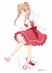 Rule 34 | 1girl, blush, bow, brown hair, cat, dress, fake wings, frilled socks, frills, full body, green eyes, hair bow, hair ornament, hair scrunchie, long hair, looking at viewer, looking back, natsu (natume0504), original, pinafore dress, pink bow, red bow, red dress, scrunchie, shirt, short dress, short sleeves, signature, simple background, sleeveless dress, socks, solo, twintails, white background, white shirt, white socks, white wings, wings