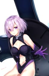 Rule 34 | 1girl, a.t. zero, absurdres, arm behind back, bad id, bad twitter id, black leotard, breasts, breasts apart, cleavage, cleavage cutout, clothing cutout, cowboy shot, elbow gloves, eyebrows, eyes visible through hair, fate/grand order, fate (series), from side, gloves, gorget, grin, groin, hair between eyes, halterneck, highleg, highleg leotard, highres, holding, holding shield, leaning forward, legs together, leotard, light purple hair, light smile, mash kyrielight, medium breasts, navel, navel cutout, parted bangs, parted lips, purple eyes, purple gloves, shield, short hair, simple background, smile, solo, turtleneck, twitter username, white background