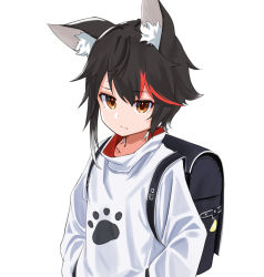 Rule 34 | 1boy, aged down, animal ears, backpack, bag, black hair, brown eyes, closed mouth, commentary request, daichi (daichi catcat), genderswap, genderswap (ftm), highres, hololive, long hair, looking at viewer, male focus, multicolored hair, ookami mio, ookami mio (casual), paw print, red hair, short hair, solo, streaked hair, sweater, upper body, virtual youtuber, white sweater, wolf ears