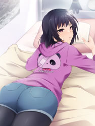 Rule 34 | 1girl, ass, bed, black hair, blush, book, female focus, from behind, groin, hands up, highres, holding, holding book, hood, hooded jacket, hoodie, indoors, jacket, kaiga, legs, light blush, looking back, lying, medium hair, on bed, on stomach, original, pantyhose, parted lips, red eyes, short shorts, shorts, solo, thighs