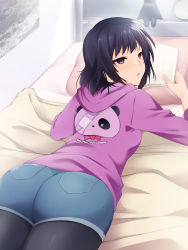 1girl ass bed black_hair blush book female_focus from_behind groin hands_up highres holding holding_book hood hooded_jacket hoodie indoors jacket kaiga legs light_blush looking_back lying medium_hair on_bed on_stomach original pantyhose parted_lips red_eyes short_shorts shorts solo thighs