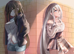 Rule 34 | 2girls, absurdres, black hair, grin, hair ornament, hair over one eye, hairclip, highres, idea (noworld), jacket, long hair, looking at viewer, multiple girls, noir (noworld), noworld, qiyuan yingluo, shorts, smile, sweater, virtual youtuber