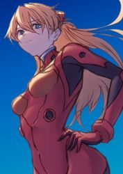 Rule 34 | 1girl, blue eyes, bodysuit, breasts, brown hair, hand on own hip, highres, interface headset, ka ki o, long hair, looking at viewer, medium breasts, neon genesis evangelion, plugsuit, red bodysuit, shiny clothes, skin tight, solo, souryuu asuka langley, two side up, very long hair, wide hips
