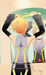 Rule 34 | 1boy, adjusting hair, bare shoulders, bass clef, belt, black shorts, black sleeves, blonde hair, cable, commentary, cowboy shot, d futagosaikyou, detached sleeves, from behind, hair straightener, highres, holding, kagamine len, kagamine len (append), male focus, mirror, pendant choker, reflection, shirt, short ponytail, shorts, sleeveless, sleeveless shirt, solo, spiked hair, standing, turtleneck, vocaloid, vocaloid append