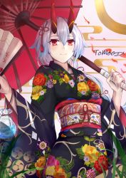 Rule 34 | 1girl, absurdres, alternate costume, alternate hairstyle, bag, bagged fish, black kimono, blush, braid, character name, commentary request, fate/grand order, fate (series), fish, floral print, folding fan, goldfish, hair between eyes, hand fan, highres, holding, holding fan, holding umbrella, japanese clothes, kimono, long hair, looking at viewer, obi, oil-paper umbrella, print kimono, red eyes, sash, silver hair, single braid, smile, solo, tomoe0812y, tomoe gozen (fate), umbrella, very long hair, wide sleeves