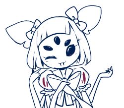 Rule 34 | 1girl, ;), extra arms, extra eyes, fangs, hair ribbon, head tilt, indiefoxtail, arthropod girl, looking at viewer, muffet, one eye closed, puffy short sleeves, puffy sleeves, ribbon, short sleeves, short twintails, simple background, smile, solo, spider girl, spot color, teeth, twintails, two side up, undertale, white background