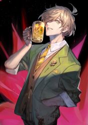 Rule 34 | 1boy, beer mug, brown hair, brown vest, collared shirt, cup, green eyes, green jacket, hair behind ear, hair over one eye, hand in pocket, highres, holding, holding cup, jacket, lack, looking at viewer, male focus, mole, mole under eye, mug, necktie, nijisanji, oliver evans, one eye covered, parted lips, shirt, smile, solo, vest, virtual youtuber, white shirt, yellow necktie