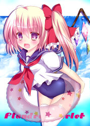 Rule 34 | 1girl, alternate costume, ascot, bad id, bad pixiv id, blonde hair, blush, character name, cloud, crystal, day, fangs, female focus, flandre scarlet, hair ribbon, hat, innertube, no headwear, open mouth, red eyes, ribbon, rika-tan (rikatantan), school swimsuit, school uniform, serafuku, short hair, side ponytail, sky, smile, swim ring, swimsuit, swimsuit under clothes, thighhighs, touhou, white thighhighs, wings
