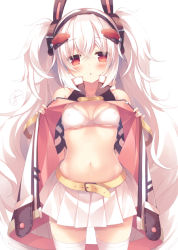 Rule 34 | 1girl, :o, albino, amamine, animal ears, azur lane, bare shoulders, belt, belt buckle, bikini, bikini top only, bikini under clothes, blush, breasts, buckle, cleavage, covered erect nipples, cowboy shot, detached sleeves, fake animal ears, headgear, laffey (azur lane), laffey (retrofit) (azur lane), long hair, looking at viewer, miniskirt, navel, open clothes, parted lips, pleated skirt, rabbit ears, red eyes, sidelocks, skirt, small breasts, solo, standing, stomach, swimsuit, thighhighs, twintails, very long hair, white bikini, white hair, white skirt, white thighhighs, zettai ryouiki