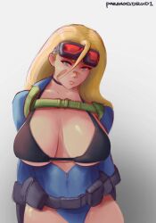 Rule 34 | 1girl, blonde hair, blue eyes, bra, breasts, cammy white, goggles, highleg, highleg leotard, highres, large breasts, leotard, long hair, long sleeves, looking at viewer, open clothes, paranoid.droid, scar, scar on face, street fighter, underwear
