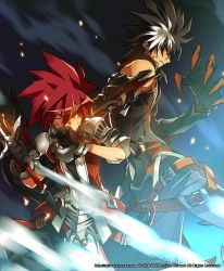 Rule 34 | 00s, 2009, 2boys, armor, belt, black gloves, black hair, blue background, brown eyes, claws, coat, covered mouth, elsword, elsword (character), gloves, lord knight (elsword), male focus, mechanical arms, multicolored hair, multiple boys, official art, one eye closed, pants, pauldrons, raven cronwell, reckless fist (elsword), red hair, ress, shoulder armor, single mechanical arm, spiked hair, streaked hair, sweat, two-tone hair, white hair, wink