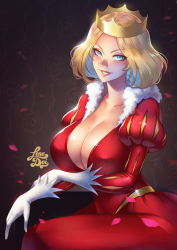 Rule 34 | 1girl, artist name, blonde hair, blue eyes, bob cut, breasts, cleavage, collarbone, crossed arms, crown, dress, forehead, fur trim, gloves, highres, hilling (ousama ranking), large breasts, lena dai, light blush, looking at viewer, mature female, medium hair, ousama ranking, pointy nose, puff and slash sleeves, puffy sleeves, queen, red dress, shiny skin, signature, smile, solo, white gloves