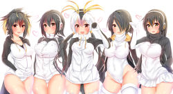 Rule 34 | 10s, 5girls, :o, ;d, absurdres, arm up, black hair, blush, breasts, brown eyes, collar, commentary request, crotch, drawstring, emperor penguin (kemono friends), expressionless, eyelashes, gentoo penguin (kemono friends), grey hair, hair between eyes, hair ornament, hair over one eye, hand in pocket, headphones, highres, hood, hooded jacket, humboldt penguin (kemono friends), jacket, kemono friends, large breasts, leotard, long hair, long sleeves, looking at viewer, low twintails, medium breasts, multicolored hair, multiple girls, navel, one eye closed, open mouth, pikacchi, pocket, rockhopper penguin (kemono friends), royal penguin (kemono friends), short hair, sidelocks, simple background, smile, tareme, thighhighs, tsurime, twintails, two-tone hair, white hair, white leotard, yellow eyes, zipper
