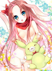 Rule 34 | 1girl, animal ears, bad id, bad pixiv id, blush, breasts, rabbit ears, censored, cleavage, convenient censoring, forehead, green eyes, long hair, looking at viewer, open mouth, original, panties, small breasts, solo, stuffed animal, stuffed rabbit, stuffed toy, underwear, very long hair, yadapot