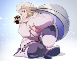 Rule 34 | 1girl, bad anatomy, blue eyes, boots, breast lift, breasts, creatures (company), female focus, game freak, gigantic breasts, gloves, half gloves, highres, huge breasts, melony (pokemon), nail polish, naze, nintendo, poke ball, pokemon, pokemon swsh, short shorts, shorts, solo, sweater, thick thighs, thighs, turtleneck