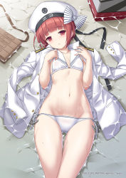 Rule 34 | 1girl, anchor, beach, bikini, blush, bow, breasts, clothes writing, collarbone, commentary request, epaulettes, gluteal fold, hashimoto takashi, hat, hat bow, kantai collection, long sleeves, looking at viewer, lying, military, military uniform, naval uniform, navel, on back, open clothes, parted lips, partially submerged, red eyes, red hair, sailor bikini, sailor collar, sailor hat, short hair, side-tie bikini bottom, small breasts, solo, swimsuit, thigh gap, uniform, water, wet, white bikini, white hat, z3 max schultz (kancolle)